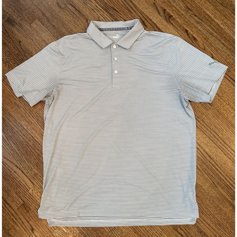 Men’s Puma Golf Gray & White Pin Striped Collared Polo Shirt - XL